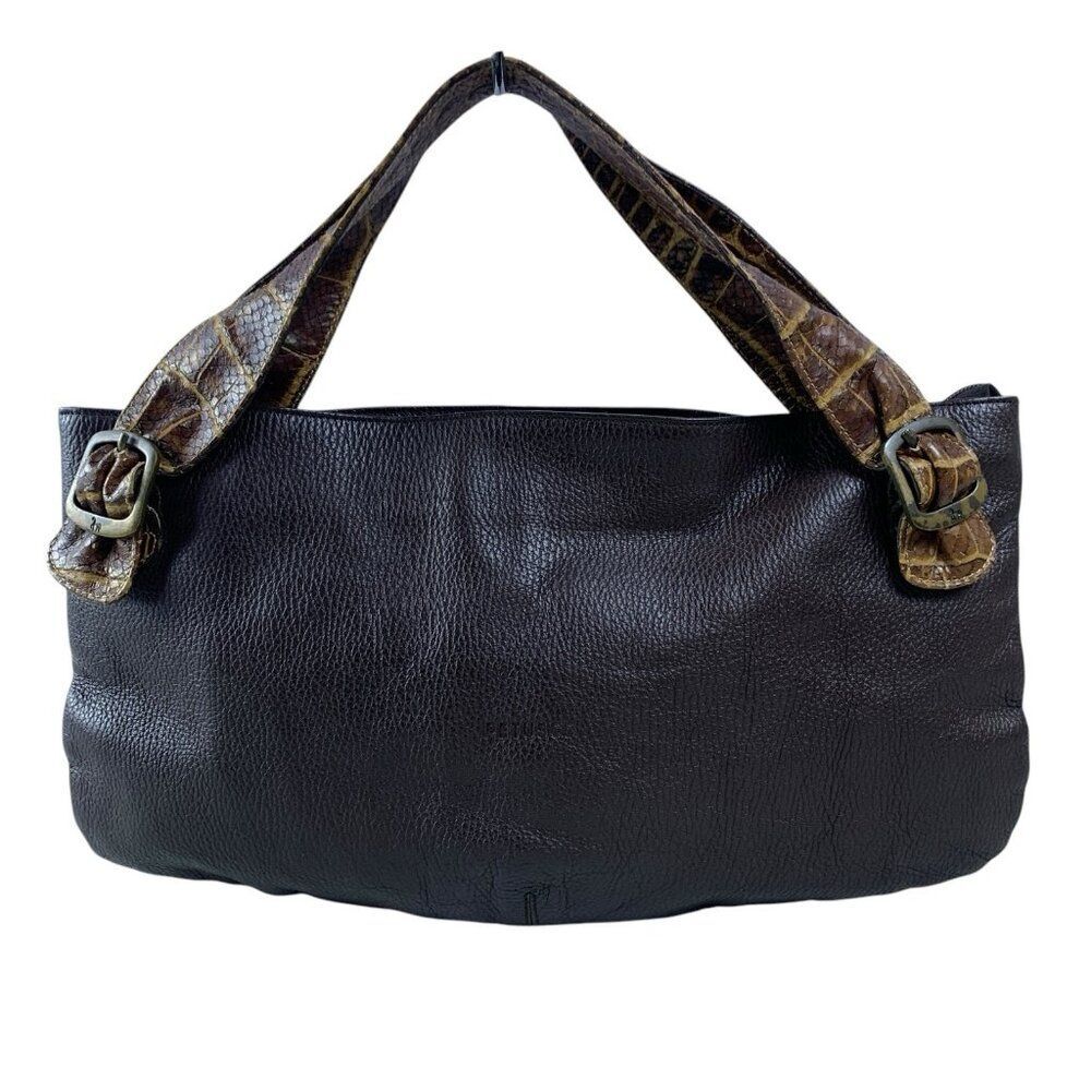 Petusco Handbag Leather Shoulder Bag Purse Brown w/ Croc Handles